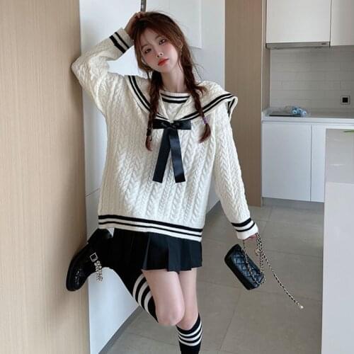 2021 new sweet cute girl knitting sweater lazy college style loose sleeve Harajuku girl JK White navy collarsweater coat s ~L