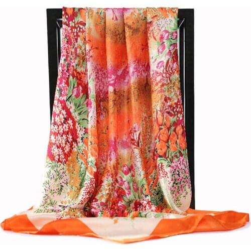 2021 Fashion Scarf Women Print Silk Satin Hijab Scarfs Ladies 90X90CM Square Neckerchief Scarves Luxury Beach Sunscreen Shawls