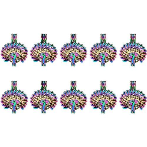 Rainbow Colors Peacock Beads Cage Perfume Essential Oil Diffuser Pearl Cage Locket Pendant 10x C668