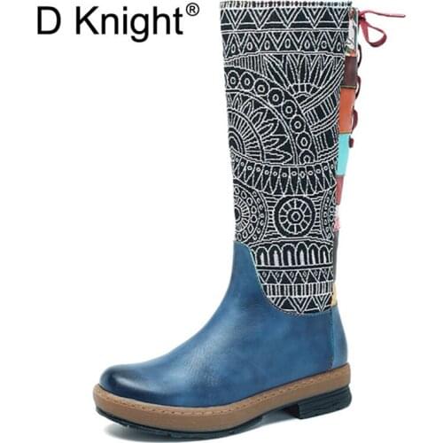 D Knight Fashion Genuine Full Grain Leather Flat with Shoes Handmade Round Toe Heel 3cm Winter Spring Knee High Boots For Women