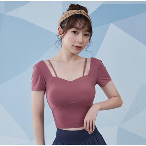 Sexy Sports T-Shirt Women Inner Paded Short Sleeve Gym Workout Breathable Anti-sweat Running Yoga Shirt Quick Dry Fit Top