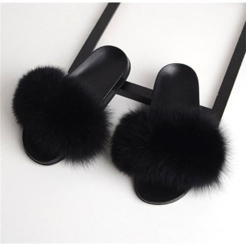 2019 Winter Real Fox Fur Slides Womens Fur Slippers Indoor Warm Furry Slippers Girls Plush Sandals Women Slides Home Flip Flops