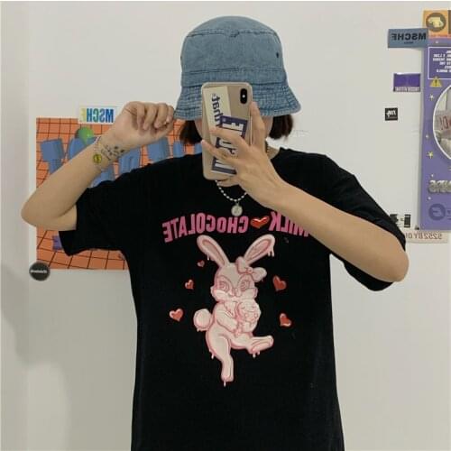 Vintage Cute Rabbit Letter Print Kawaii Sweet Girls Tops Summer T-shirts Casual Loose Harajuku Chic Cartoon Anime Women Clothes