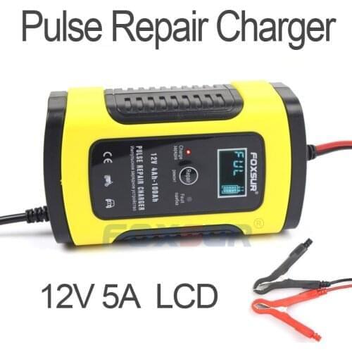 FOXSUR 12V 5A Pulse Repair Charger with LCD Display, Motorcycle & Car Battery Charger, 12V AGM GEL WET Lead Acid Battery Charger