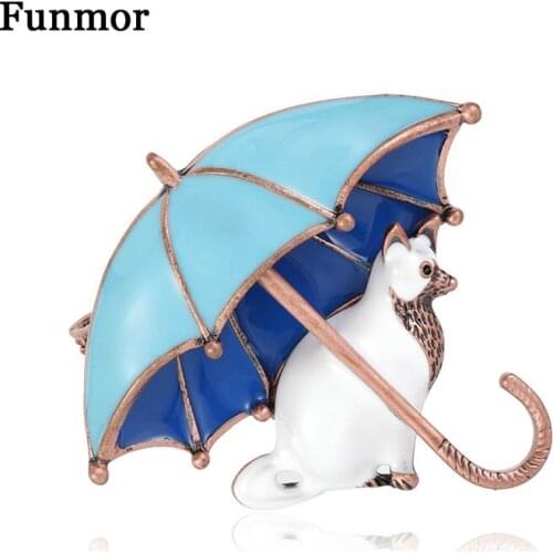 Funmor Lovely Cat under umbrella Brooch Enamel Pins For Women Children Routine Gathering Decoration Accessories Collar Corsage