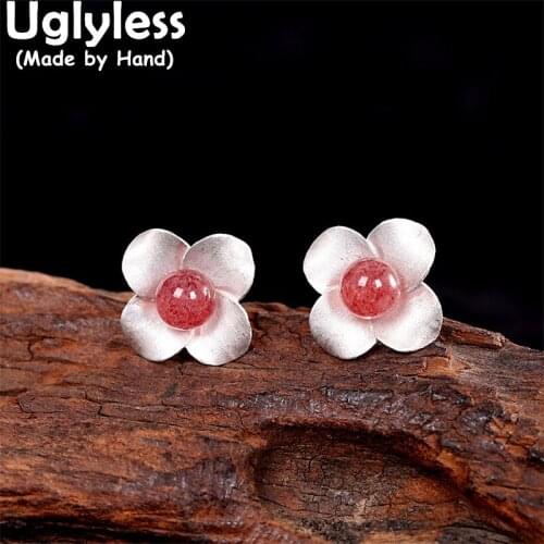 Uglyless Ethnic Thai Silver Flower Studs Earrings for Women Real 925 Sterling Silver Floral Earrings Natural Agate Brincos E1549