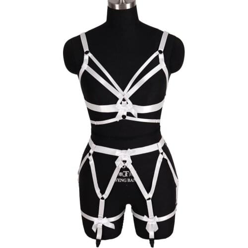 1 Set White Harness Belt Top Bra Bow Wedding Dance Women Waist Garter Belts Punk Gothic Body Cage Plus Size Underwear Elastic