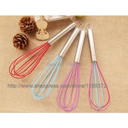100pcs a lot 10" silicone coated egg whisk eggbeater stainless steel handle kitchen gadget , free ship