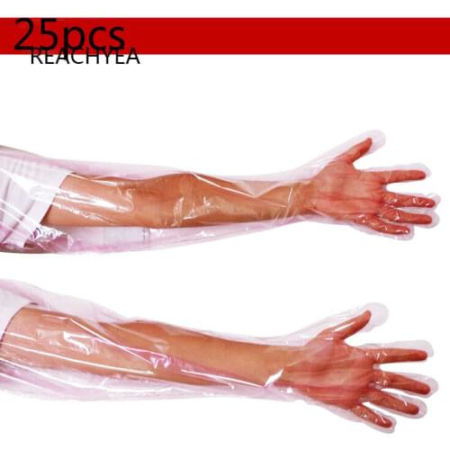 25Pcs Pet Examination Artificial Insemination Breeding Gloves Disposable Soft PE Long Arm Glove Pigs Cattle Sheep Vet Supplies
