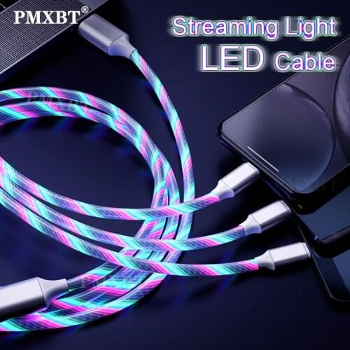 3 in 1 Flowing Light LED Lighting USB Cable For Iphone Huawei Xiaomi Mobile Phone Magnetic USB Cable Micro USB Type C Cord Wire