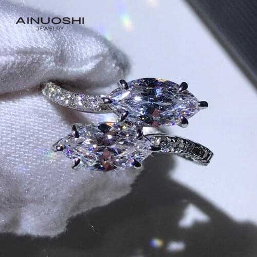 AINUOSHI Marquise Cut Simulated SONA Diamond Silver Engagement Rings Gifts For 925 Sterling Silver Wedding Two-stone Rings