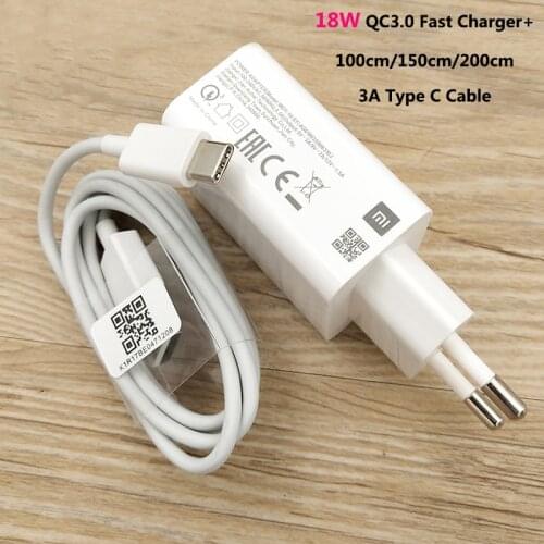 Xiaomi Fast Charger 18W Original EU QC 3.0 Quick Charge Adapter 1/2/3M USB Type C Cable For Mi 9se CC9 Pro Redmi Note 8 Pro 8T 9