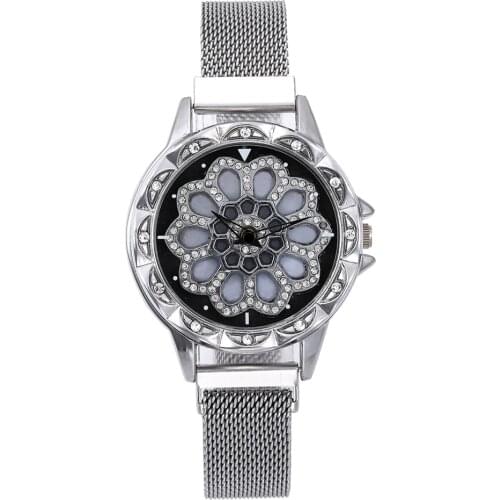 Women Watch Mesh Magnet 360 Degree Rotating Dial Ladies Watch Luxury Fashion Diamond Quartz Watch for Women Clock Relogio Femino