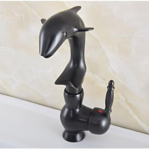 Black Oil Rubbed Bronze Swivel Spout Single Handle Lever Cute Animal Dolphin Style Bathroom Kitchen Sink Faucet Mixer Tap msf844