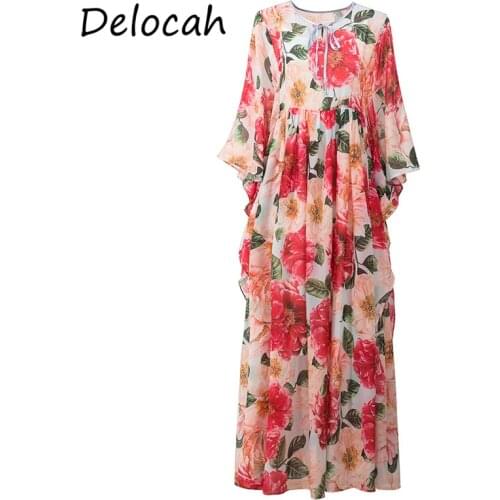 Delocah New 2021 Summer Women Fashion Runway Party Maxi Dress Butterfly Sleeve Bow High Waist Floral Print Holiday Loose Dresses