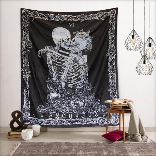 130x150CM Seven Stars Skull Kissing Lovers Tapestry Black Tarot Tapestry Skeleton Tapestry Beach Towel For Home Decoration