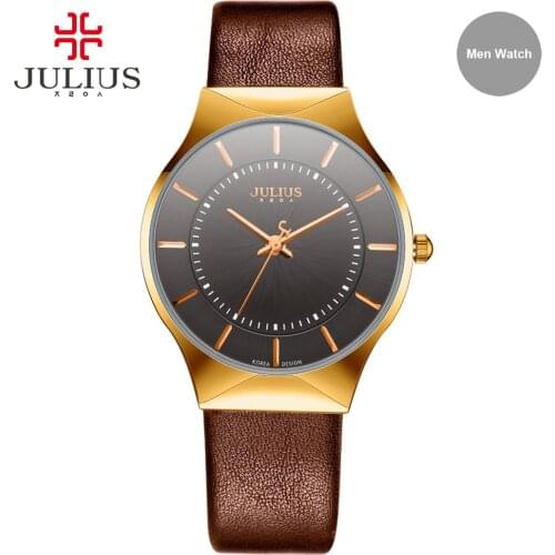 JULIUS JA-577 Brown Silver Ultra-Thin 9mm Simple Brand Watch Slender Genuine Cow Leather Japan Quartz-Watch 3ATM Waterproof Hour