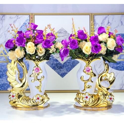 European Style Ceramic Golden Swan Flower Vase Maison Living Room Creative Dining Table White Vases Arrangement Home Decoration