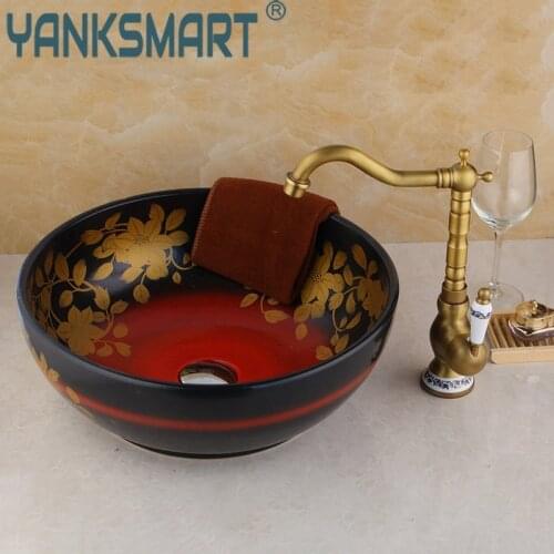 YANKSMART Ceramic Wash Basin Vessel Sink With Antique Brass Bathroom Faucet Leaf Pattern Counter Top Wash Basin Bathroom Sinks