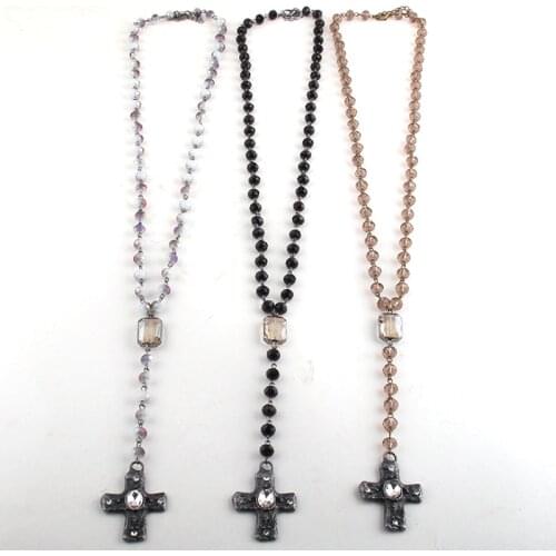 Fashion Bohemian Jewelry Black Crystal Glass Rosary Chain Cross Pendant Star Cross Necklaces