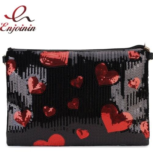 Fashion Sequin Heart Pattern Pu Leather Ladies Daily Clutch Envelope Bag Crossbody Messenger Bag Shoulder Bag Women Flap Bolsa