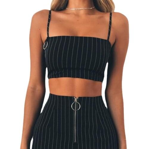 Fashion womens casual sleeveless striped vest with spaghetti strap crop top metal rings