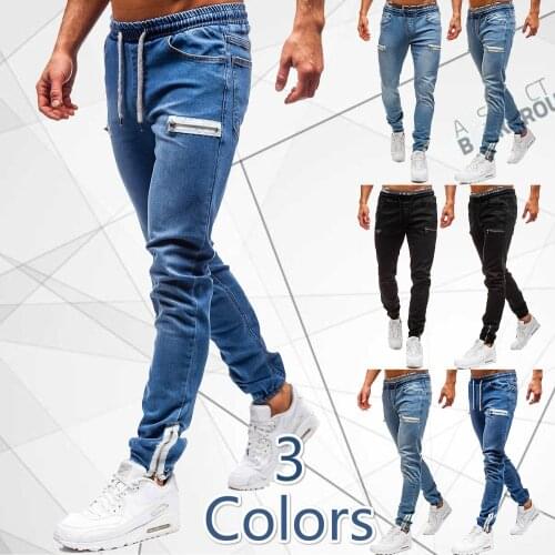 Mens Fashion Zipper Decoration Jeans Washed Simple Jeans Slim Fit Drawstring Jeans