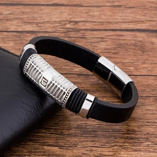 Fashion Charm Stainless steel Black Leather Mens Bracelet Jewelry Wholesale Accessories Luxury Punk Rock Gift For boyfriend