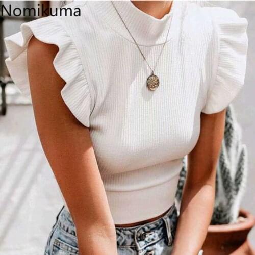 Nomikuma 2021 Summer New Ruffle Sleeveless Pullover Knitwear Korean Solid Slim Women Knitted Tops Causal Sueter Mujer 6J484