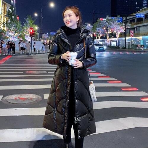 New version a is slim, thickened, bright face, knee length hooded down cotton jacket, womens medium and long jacket