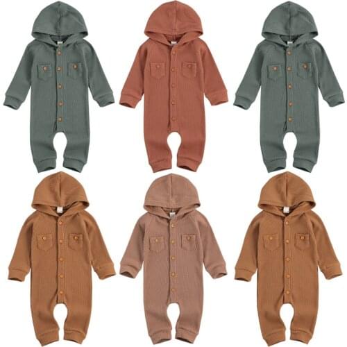 Newborn Baby Girl Boy Solid One-piece Waffle Pattern Rompe, Long Sleeve Front Single Breasted Hooded Jumpsuits Two Front Pockets