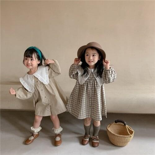 2021 autumn Korean new childrens DRESS Cotton Linen Lace Lapel plaid skirt thin girls dress autumn dress