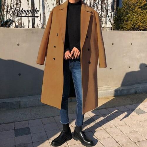 FOJAGANTO Winter Fashion Woolen Blends Coat Men Korean Style Lapel Solid Color Windbreaker Thick British Casual Woolen Coat Male