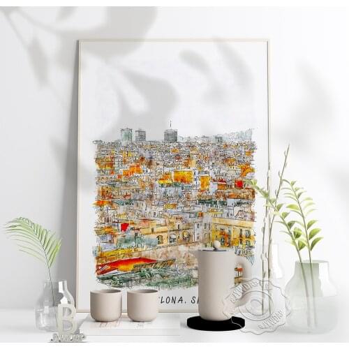 Watercolor City Spain Barcelona Poster, Spain Beautiful Scenery Art Print, Barcelona World Travel Wall Stickers Home Decor Gift