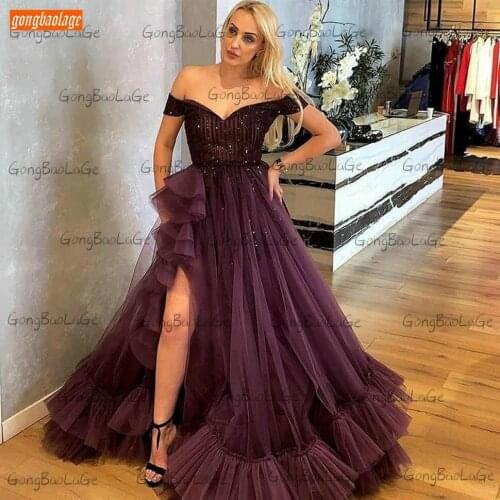 Boho Purple Prom Dresses 2021 Vestidos De Gala Off The Shoulder Tulle Side Slit Ruffle Sexy Long Dress Women Gowns Formal Party