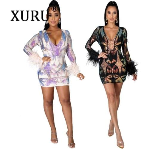 XURU Ostrich Fur Sequin Dress V-neck Sexy Nightclub Party Dress Hot New Style Dress In Europe and America