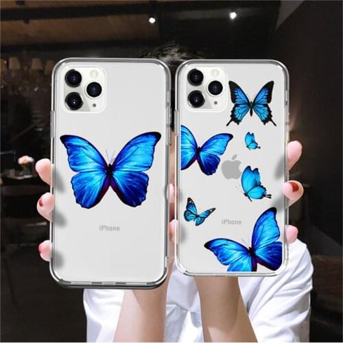 Kowkaka Transparent Blue Butterfly Phone Case For iPhone 11 Pro Max 12 X XR XS 6 6s 7 8 Plus SE 2020 Cartoon Silicone Back Cover