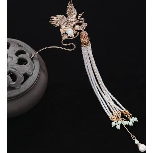 Retro Gold Color Hairpin Hanfu Bride Tassel Step shake Headdress Hair Sticks Fairy Crane Cheongsam Kanzashi Hair Accessories