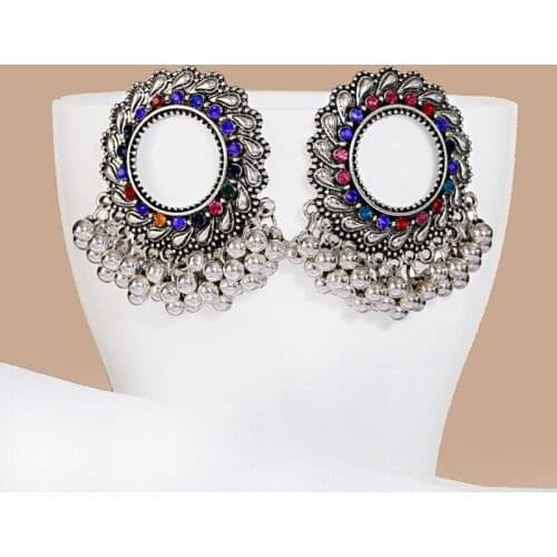 Boho Vintage Silver Color Round Waves Hollow Earrings Pendientes Ethnic Corful Zircon Beads Tassel Wedding Earrings
