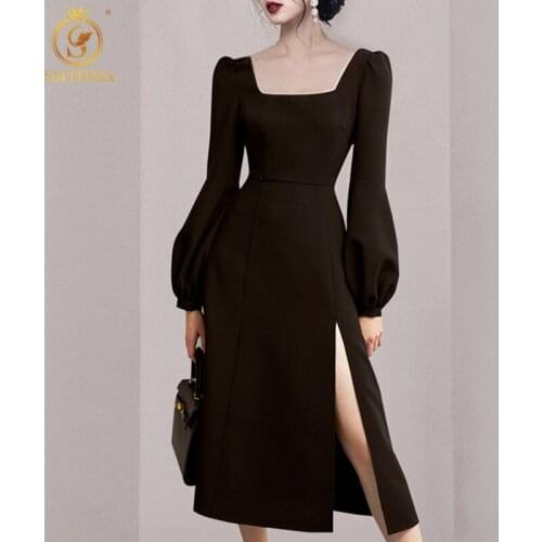 SMTHMA 2021 New Autumn And Winter Korean Fashion Style Black Dress Robe Ladies Elegant Square Collar Sexy Split Dress Vestidos
