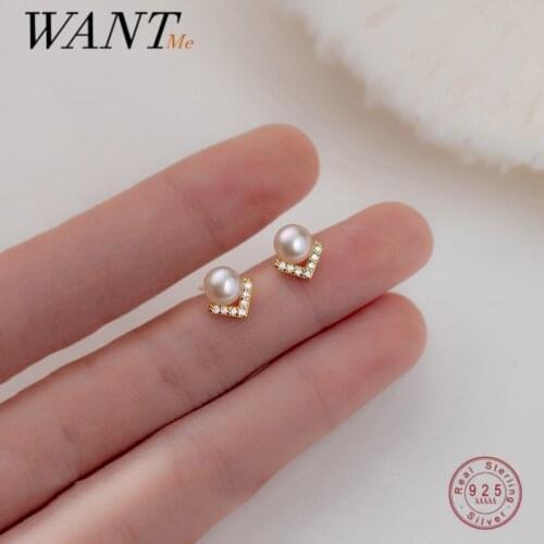 WANTME 925 Sterling Silver Unique Zircon Geometric Letter V Pearl Stud Earrings for Women Charm Classic Party Piercing Jewelry