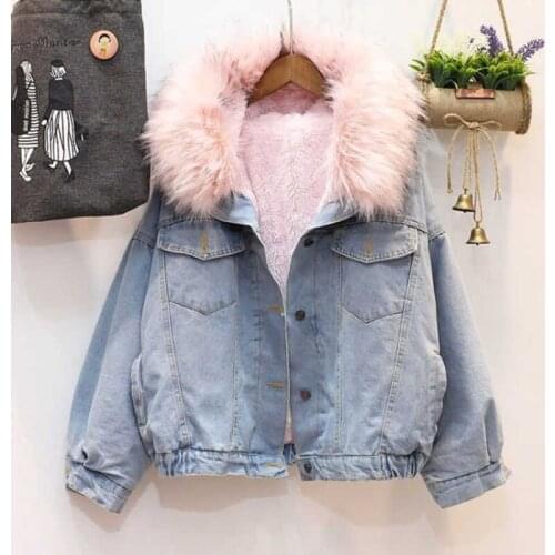 Women Denim Jacket Autumn Winter Hooded Short Leisure Denim Jacket Female Fur collar Thicken lambswool Denim Outerwear Tops T341
