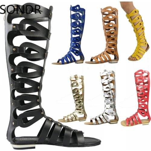 Womens Gladiator Knee High Top Sandals Hollow Out Roman Boots Shoes Back Zipper Rivet Studs Genuine Leather 9Colors Plus Size