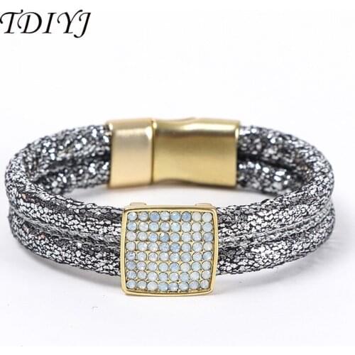 TDIYJ Summer Double Layers Leather Warp Charm Bracelet Magnet Buckle Bohemian Beach Bracelet Shining for Women Jewelry 1Pcs