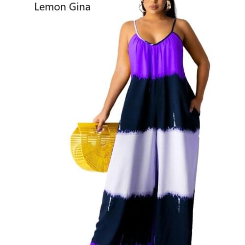 Lemon Gina Summer 2021 Splicing Contrast Color Halter Loose Jumpsuit with Pocket Large Size Womens Wear