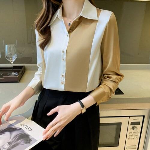 Chikichi 2021 Spring and Autumn New Lapel Satin Stitching Contrast Silk Chiffon Cardigan Long-sleeved Womens Shirts
