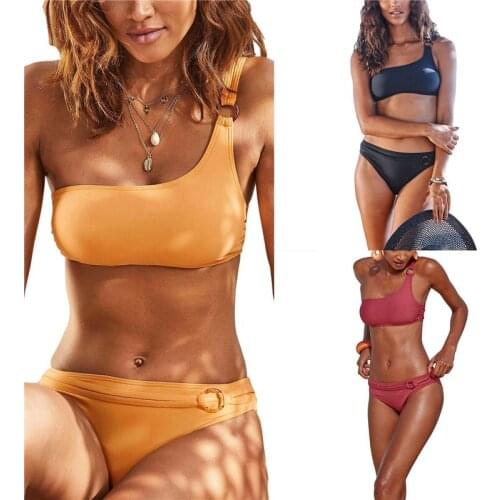 Meihuida 2Pcs Women Summer Bikini Solid Color Single Shoulder Padded Vest + Low-Waist Briefs Swimsuit for Girls 3 Color