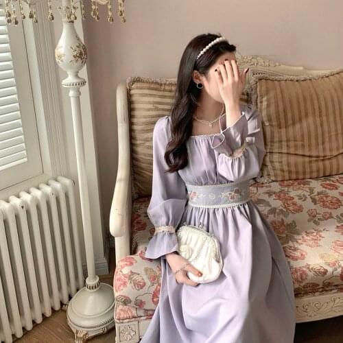 Female Purple High Street Casual Korean Party Midi Dress 2021 New Summer Elegant Sweet Dress Women French Floral Patchwork Dress