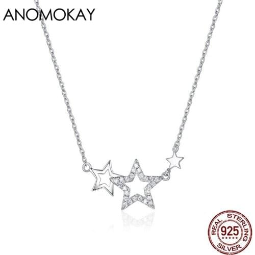 Anomokay Sparkling White Zircon Star 925 Silver Necklace for Women Fashion S925 Silver Sweater Chain Link Neckace Jewelry Gift