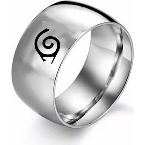 12mm NarutE Ring Leaf KonohO Village Symbal Logo Sign Sasuke Ninja Titanium Steel Anime Jewelry Cosplay for Men and Women